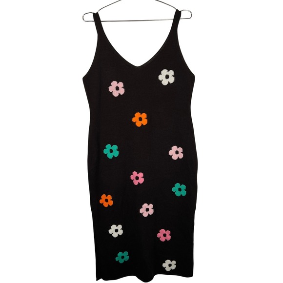 H&M Dresses & Skirts - H&M Black Floral Knit Sweater Dress Sleeveless V-Neck Midi XL Colorful & Quirky